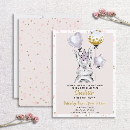 Cute Bunny Blush Pink Gold Confetti Girl Birthday Invitation