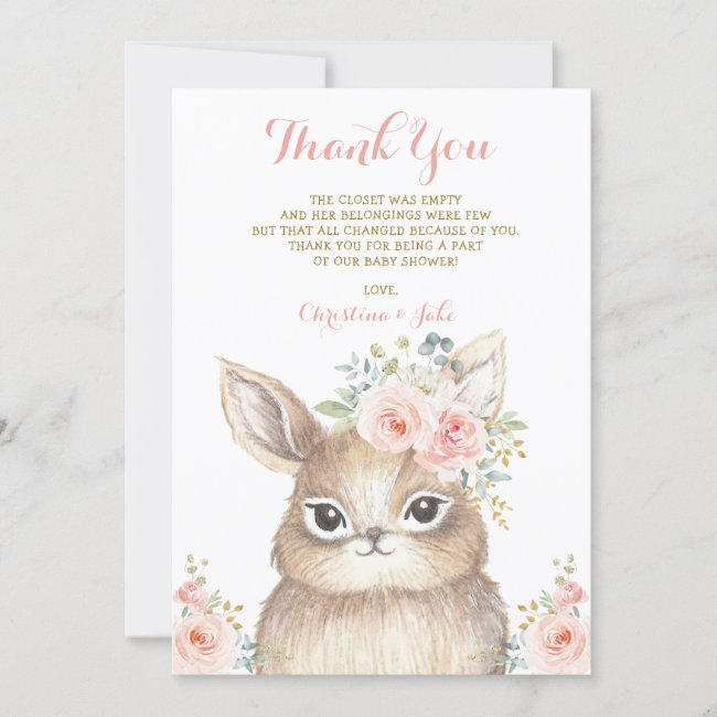 Cute Bunny Blush Pink Gold Floral Baby Shower Thank You Card