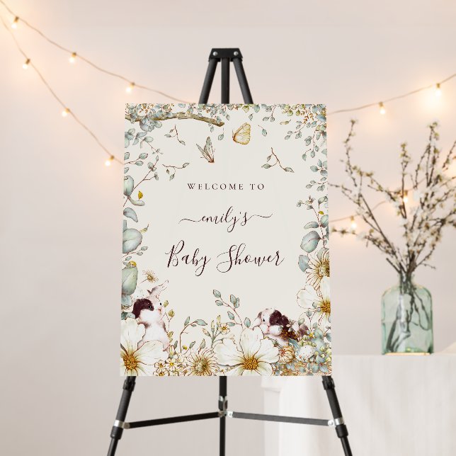 Cute Bunny Botanical Girl Boy Welcome Baby Shower Foam Board (In Situ (Stand))