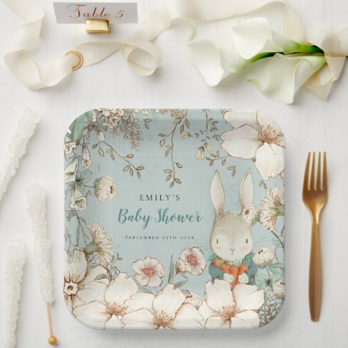 Cute Bunny Botanical Powder Blue Baby Shower Paper Plates