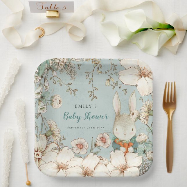 Cute Bunny Botanical Powder Blue Baby Shower Paper Plates (Wedding)