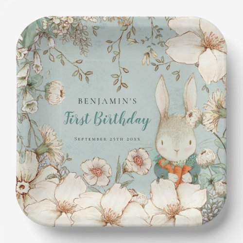 Cute Bunny Botanical Powder Blue First Birthday Paper Plates