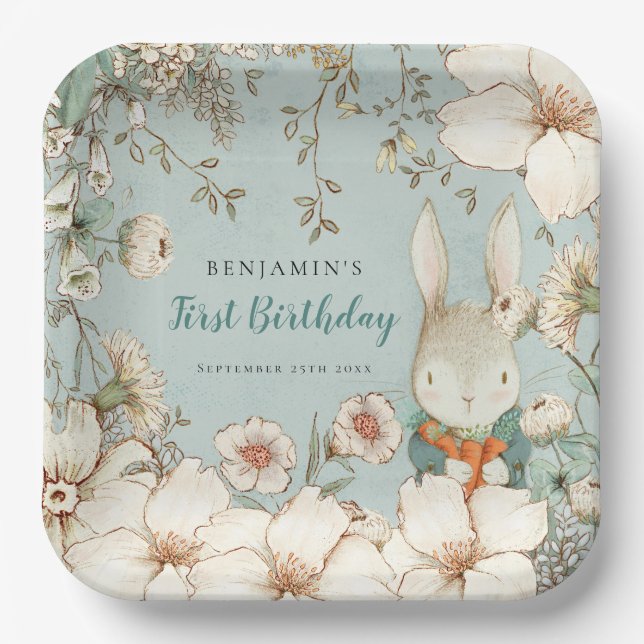 Cute Bunny Botanical Powder Blue First Birthday Paper Plates (Front)