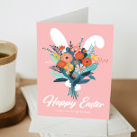 Cute Bunny Bouquet Easter Holiday Card<br><div class="desc">Cute Easter greeting card featuring a white bunny holding a bouquet of colorful spring flowers. "Happy Easter" is displayed in bold script lettering with your name shown below. Personalize the inside of the adorable Easter card by adding your typed or handwritten message. The back of the card features a matching...</div>