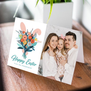 Cute Bunny Bouquet Easter Photo Holiday Card