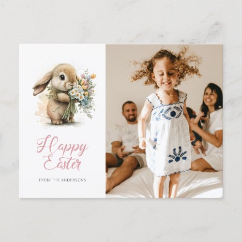 Cute Bunny Bouquet Pink Photo Happy Easter Holiday Postcard