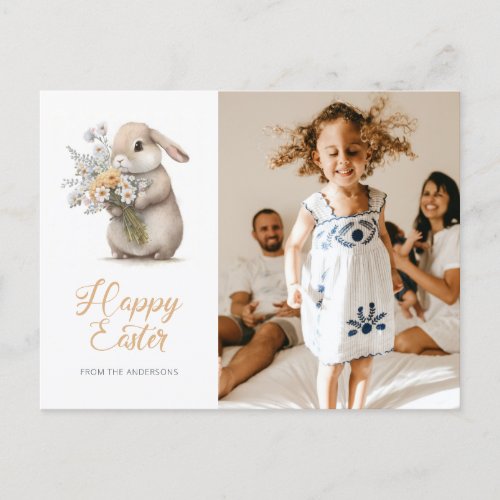 Cute Bunny Bouquet Spring Flowers Photo Easter Holiday Postcard