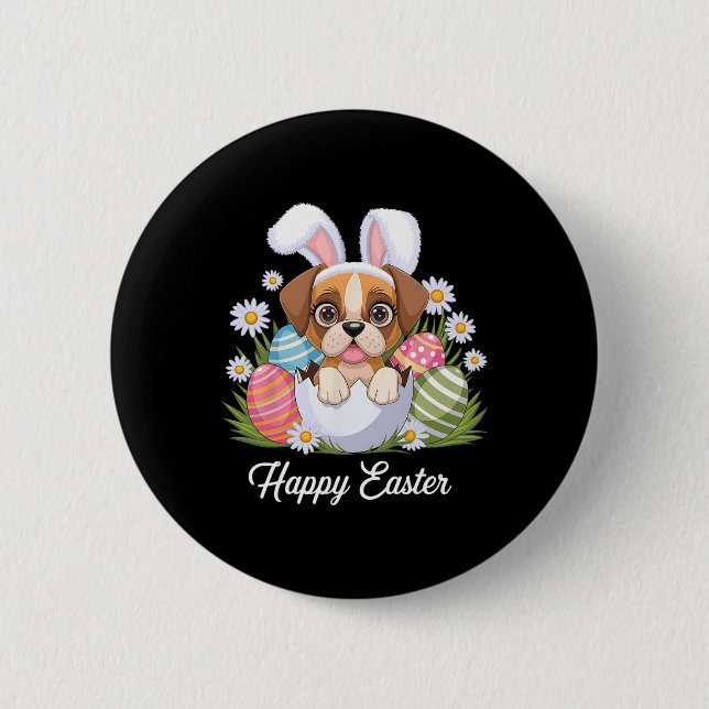 Cute Bunny Boxer Dog Floral Easter Eggs Bysket Dog Button (Front)