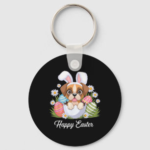 Cute Bunny Boxer Dog Floral Easter Eggs Bysket Dog Keychain