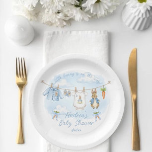 Cute Bunny Boy Clothesline Baby Shower Paper Plates