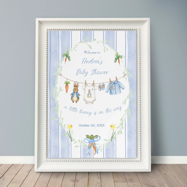 Cute Bunny Boy Clothesline Baby Shower Welcome Poster (Creator Uploaded)