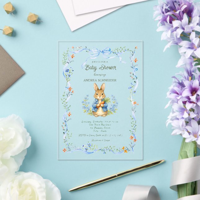 Cute Bunny Boy Floral Blue Bow Baby Shower  Acrylic Invitations (Insitu (Wedding))