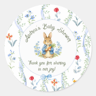 Cute Bunny Boy Floral Blue Bow Baby Shower  Classic Round Sticker