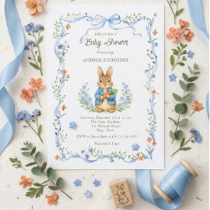 Cute Bunny Boy Floral Blue Bow Baby Shower Invitation