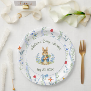 Cute Bunny Boy Floral Blue Bow Baby Shower Paper Plates