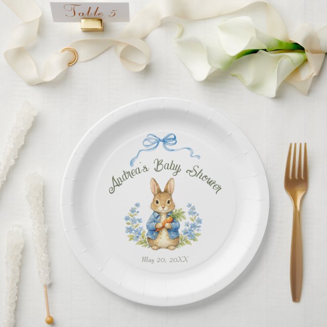 Cute Bunny Boy Floral Blue Bow Baby Shower  Paper Plates (Wedding)