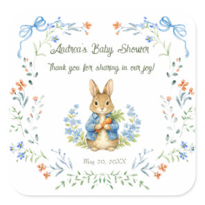 Cute Bunny Boy Floral Blue Bow Baby Shower Thanks Square Sticker