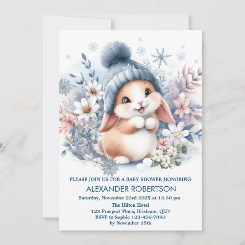 Cute bunny boy winter woodland themed watercolor  invitation