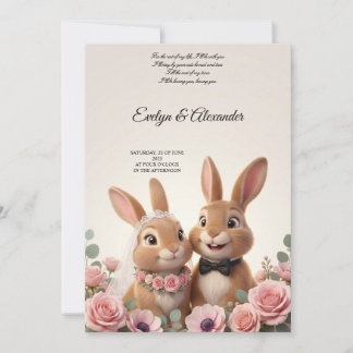 Cute Bunny Bride and Groom Blush Pink Floral Invitation