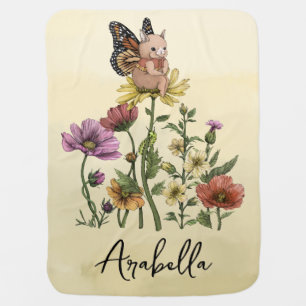 Cute Bunny Butterfly Floral Garden Name Design Baby Blanket