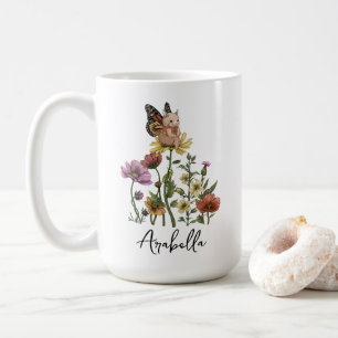 Cute Bunny Butterfly Floral Name Illustration Coffee Mug