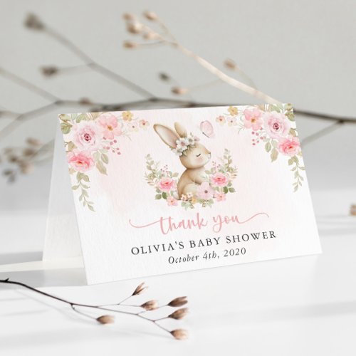 Cute Bunny, Butterfly, Pink Flowers, Baby Shower Thank You Card