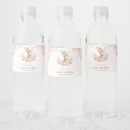 Cute Bunny, Butterfly, Pink Flowers, Baby Shower Water Bottle Label