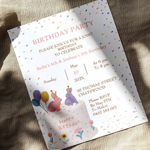 Cute Bunny Cake Joint Birthday Sister Brother Invitation