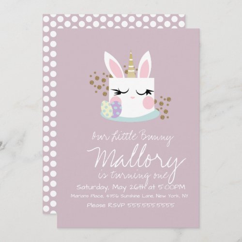 Cute Bunny Cake Unicorn Easter 1st Birthday Party  Invitation