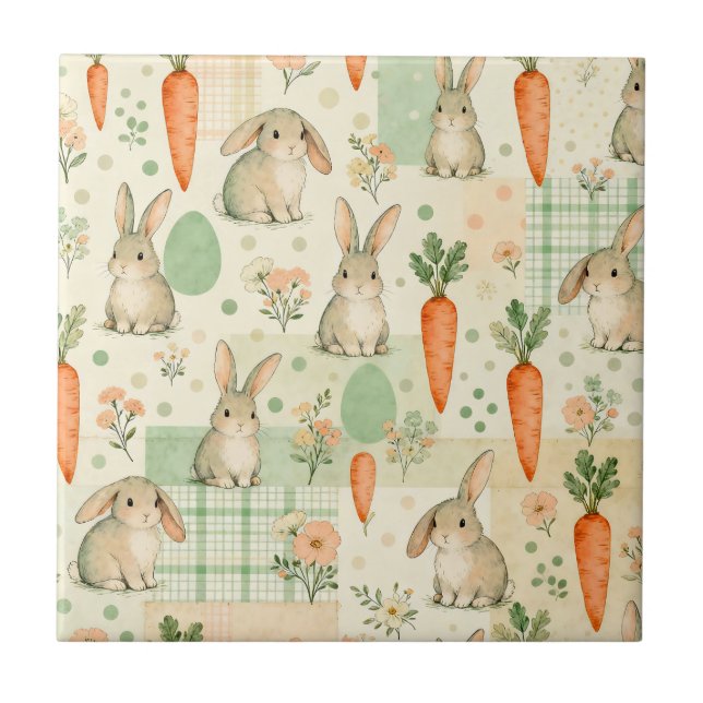 Cute Bunny & Carrot Cottage Pattern (1) Ceramic Tile (Front)