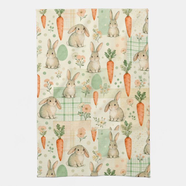 Cute Bunny & Carrot Cottage Pattern (1) Kitchen Towel (Vertical)