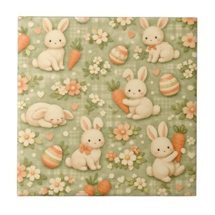 Cute Bunny & Carrot Cottage Pattern (2) Ceramic Tile