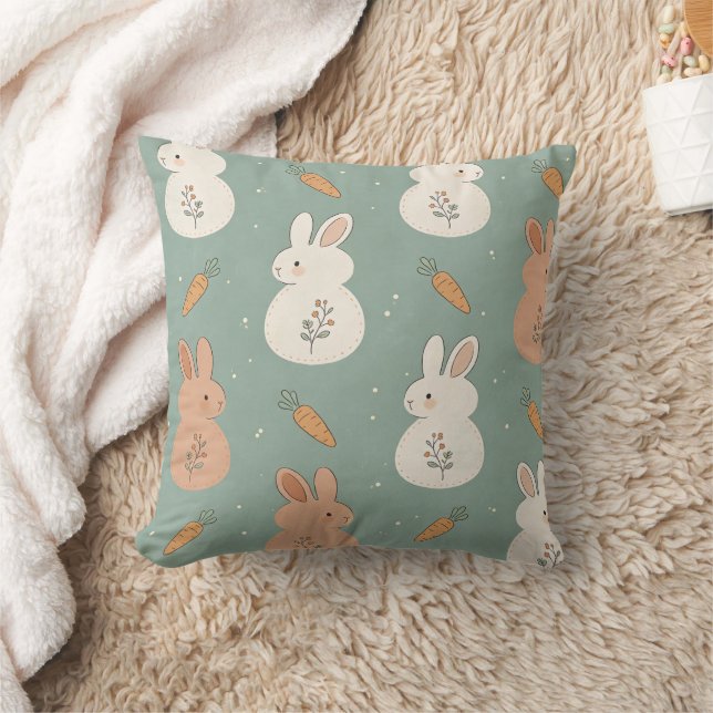 Cute Bunny & Carrot Cottage Pattern (5) Throw Pillow (Blanket)