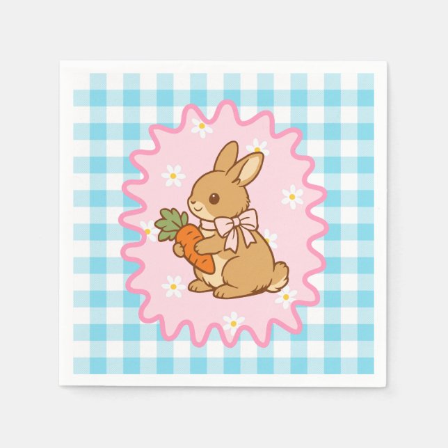 Cute Bunny Carrot & Daisy Gingham Napkins (Front)