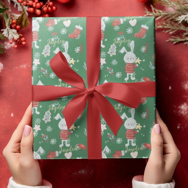 Cute Bunny Cartoon Green Red Custom Children Wrapping Paper (Cute Cartoon Animals Bunny Green Red Custom Wrapping Paper
)