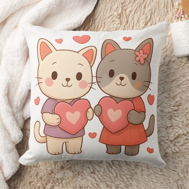 Cute Bunny Cats Heart Throw Pillow (Blanket)