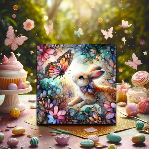 Cute Bunny Chasing Butterfly Stained Glass Easter Holiday Card