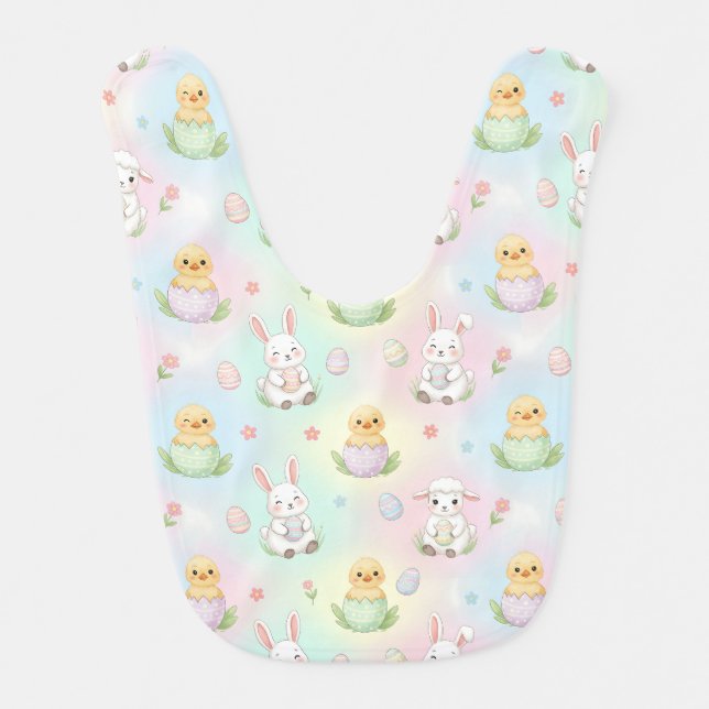 Cute Bunny Chick & Lamb Easter Pattern Baby Bib (Front)