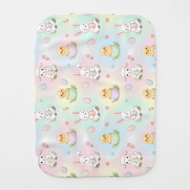 Cute Bunny Chick & Lamb Easter Pattern Baby Burp Cloth (Front)