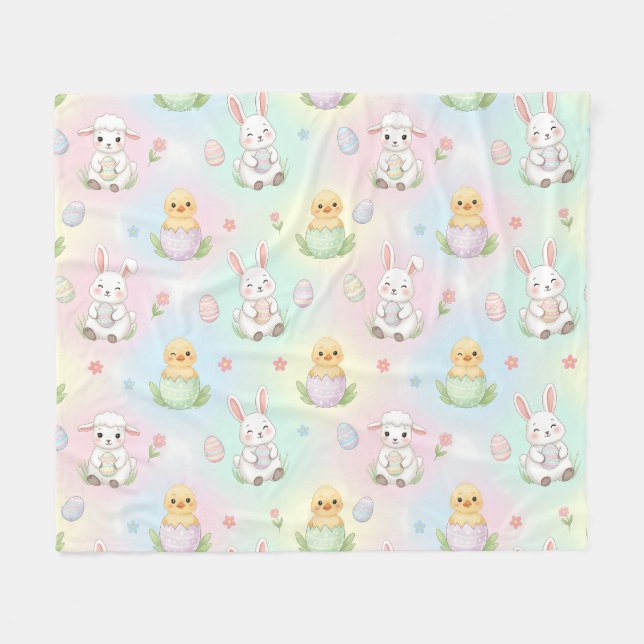 Cute Bunny Chick & Lamb Easter Pattern Fleece Blanket (Front (Horizontal))
