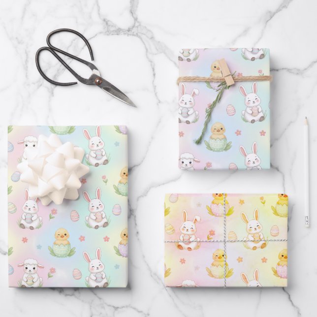 Cute Bunny Chick & Lamb Easter Pattern Kids  Wrapping Paper Sheets (Front)