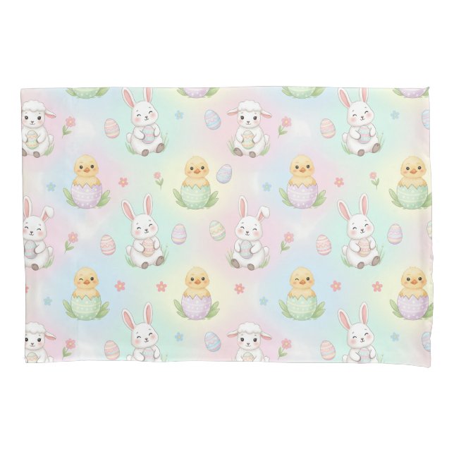 Cute Bunny Chick & Lamb Easter Pattern Pillow Case (Front)