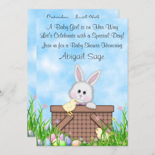 Cute Bunny Chicks Easter Eggs Girls Baby Shower Invitation