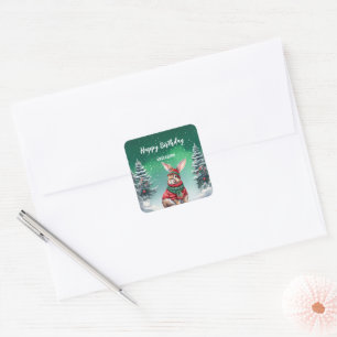 Cute bunny Christmas tree birthday girl party Square Sticker