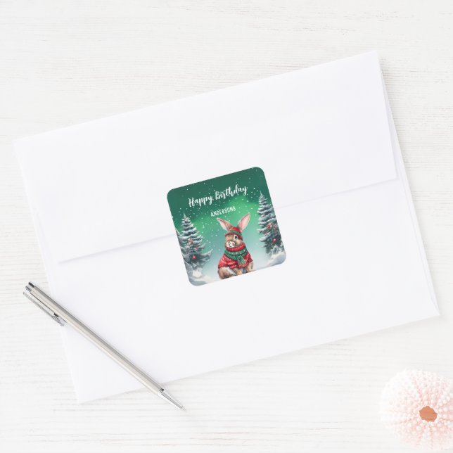 Cute bunny Christmas tree birthday girl party Square Sticker (Envelope)