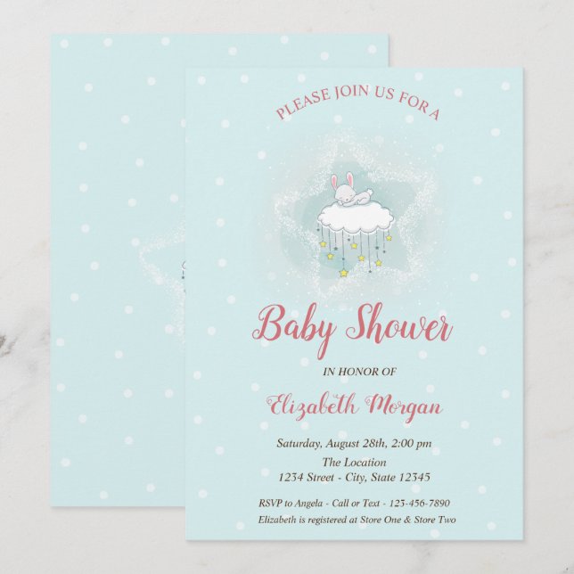 Cute Bunny,Cloud, Stars Blue Dots Baby Shower Invitation (Front/Back)