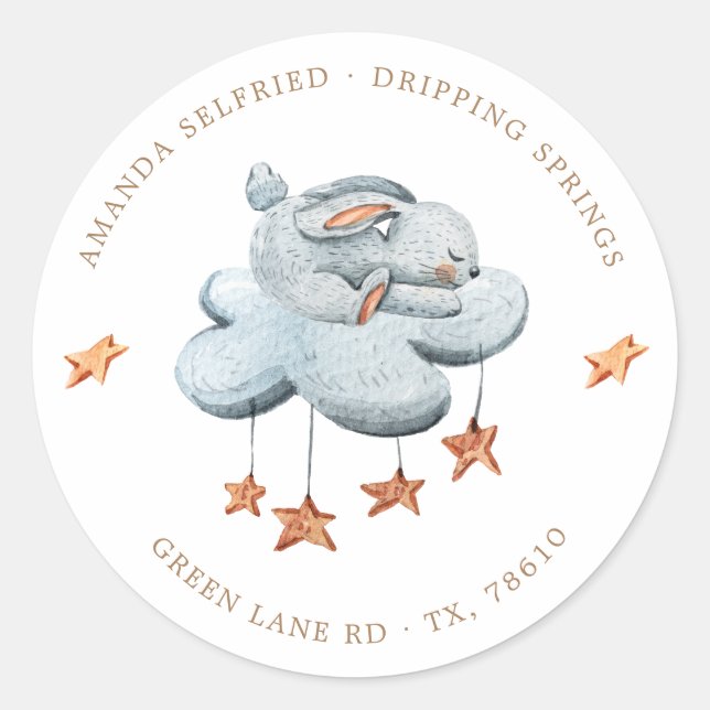 Cute Bunny Clouds Stars Baby Shower Classic Round Sticker (Front)