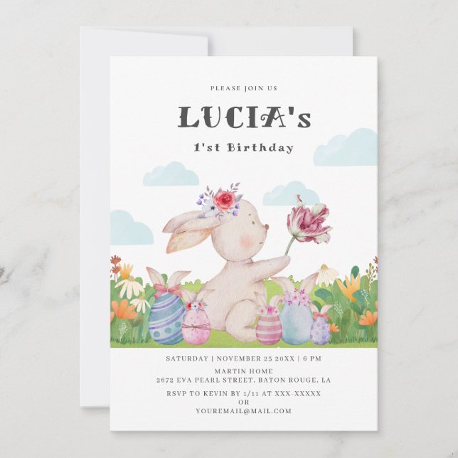 Cute Bunny Cloudy Blue 1st Birthday Invitation (Front)