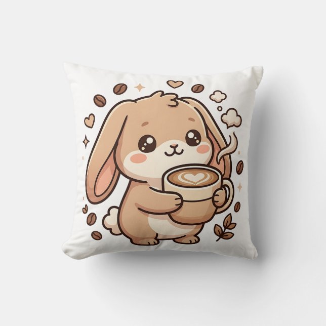 Cute Bunny Coffee Throw Pillow (Front)