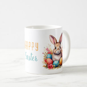 Cute Bunny Colorful Eggs Flowers Happy Easter Coffee Mug